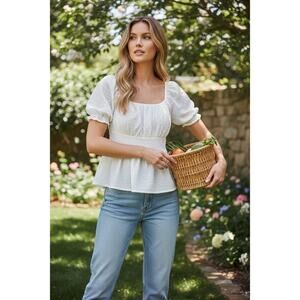 Grace + Emma White Textured Babydoll Peplum Blouse Puff Sleeve Top Size S